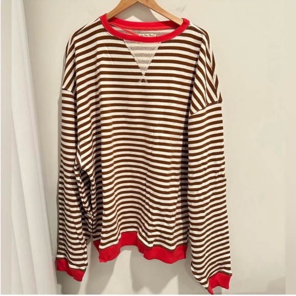 Free People Classic Oversized Striped Crewneck Sweatshirt Coffee Combo - Picture 6 of 9